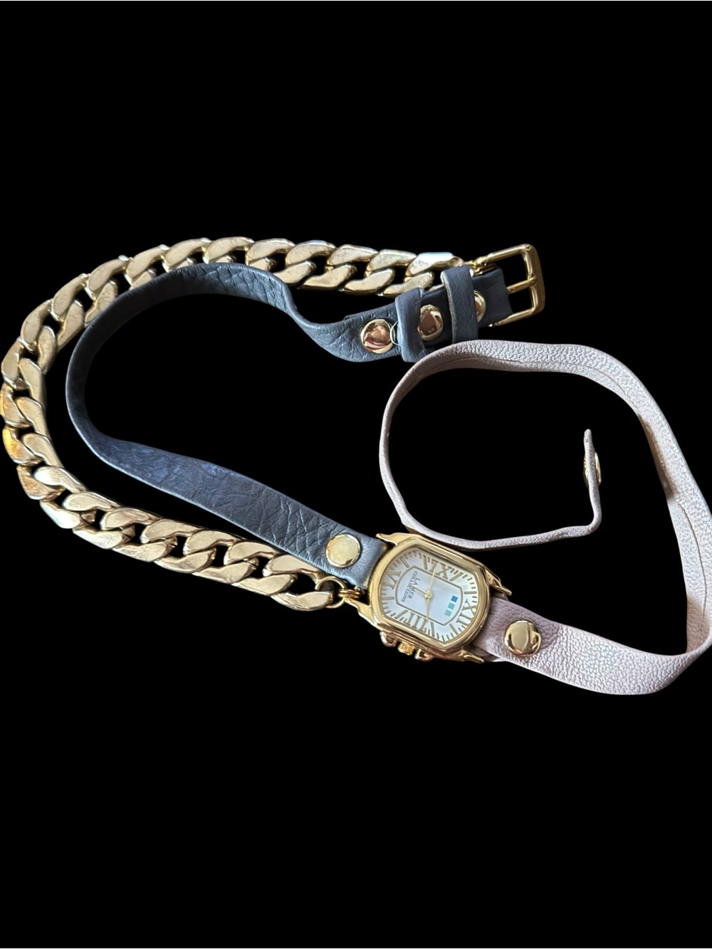 LA Mer Collections gold chain and leather wrap bracelet watch